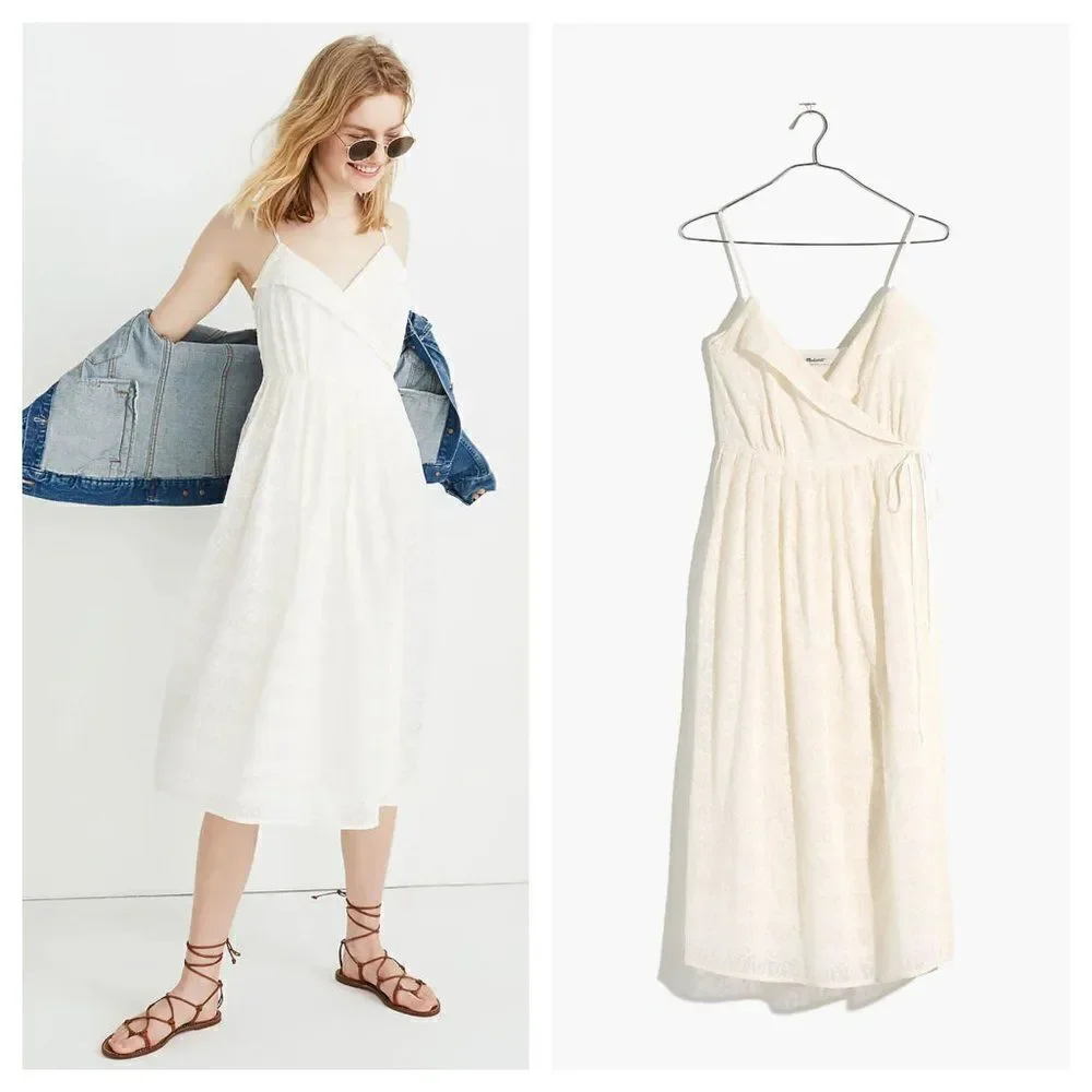 NEW Madewell Embroidered Pleated Wrap Dress Midi Sleeveless in Ivory Women's S